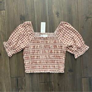 Pink Rose Geometric Print Ruched Puff Sleeve Crop Top Jr. S NWT